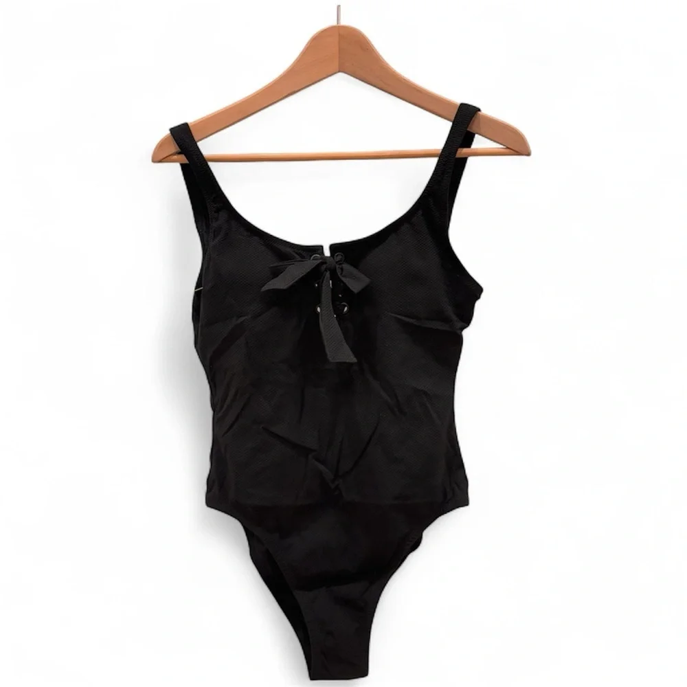 J. Crew Textured Pique Lace Up One Piece Tank Swimsuit Beach Black Size 4 NWOT